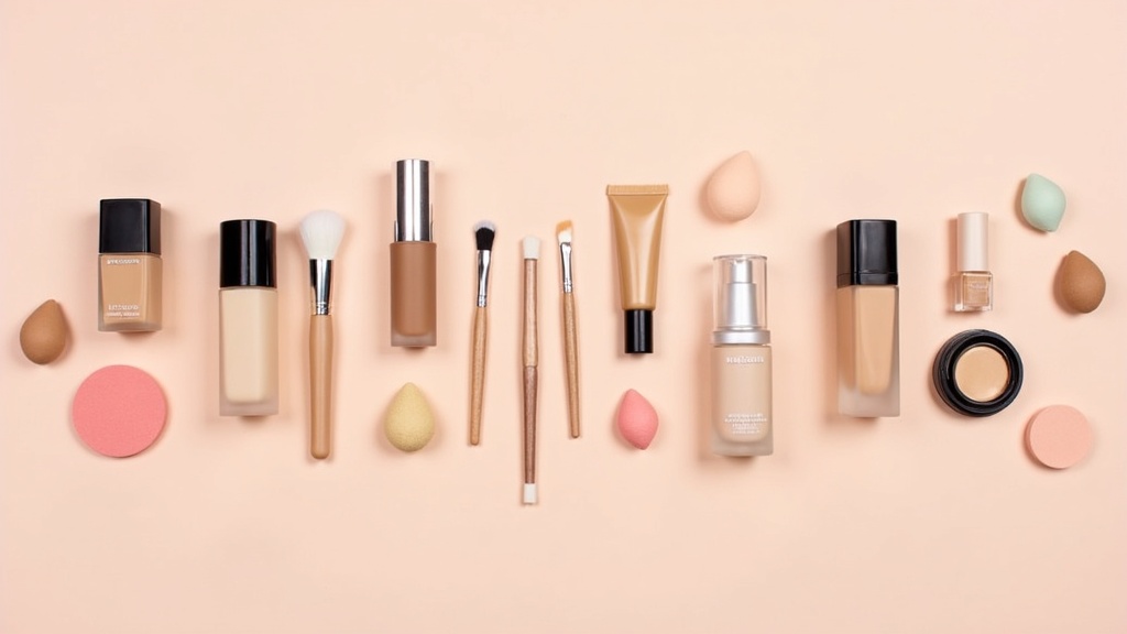 A flatlay of various drugstore foundations, bottles and tubes, set surrounding sponges, brushes, and compact mirrors on a clean background. It's bright, well-lit, and colorful.